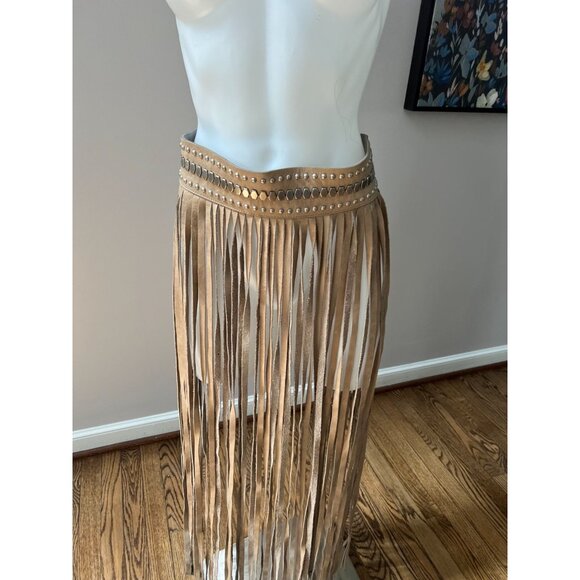 STREETS AHEAD Fringe Studded Long Leather Belt Festival Beige Silver Size Small - Picture 9 of 11